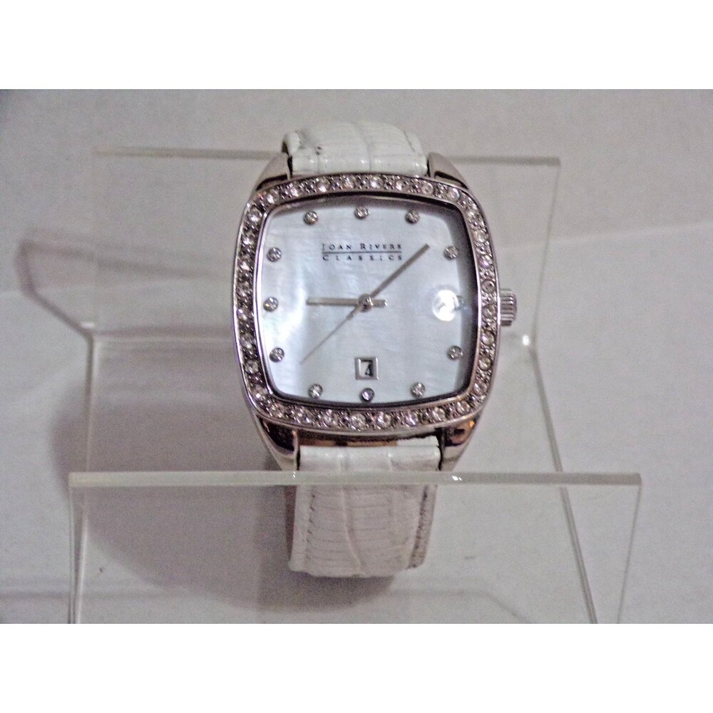 Joan Rivers Classics V377 White Band Silver Tone Gem Stones Sq Date Womens Watch